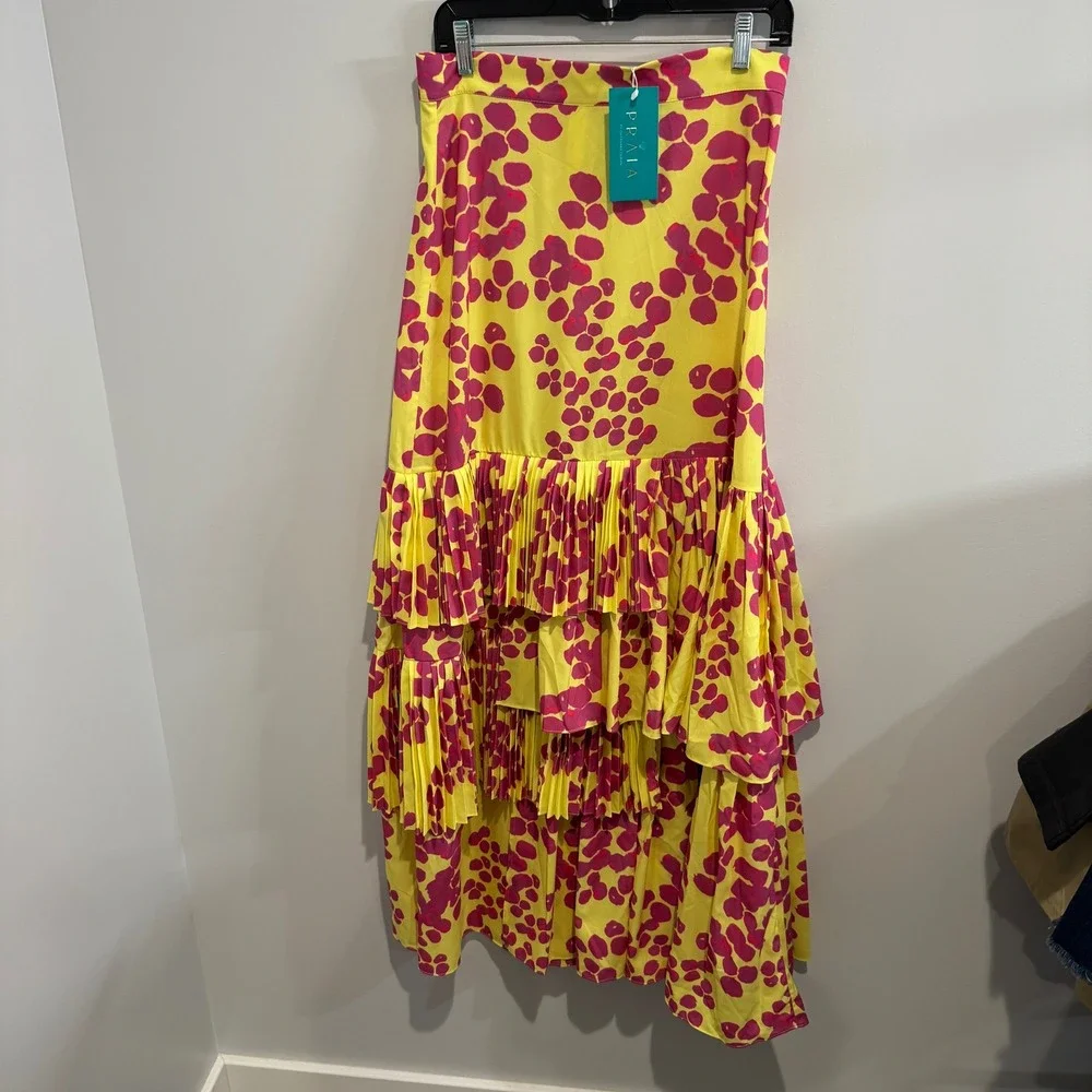 NWT Praia Tiered Ruffle Maxi Skirt Yellow Pink size Large Viscose‎ Floral Bold